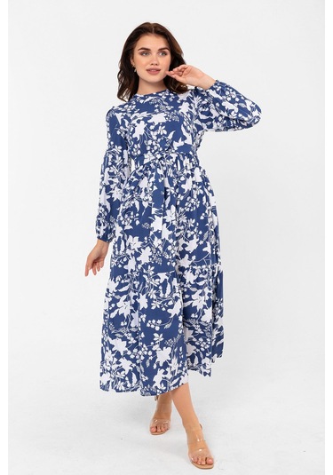 Yaprak Desenli Renkli Pamuklu Yazlık Baharlık Kuşaklı Elbise 2101 Lacivert