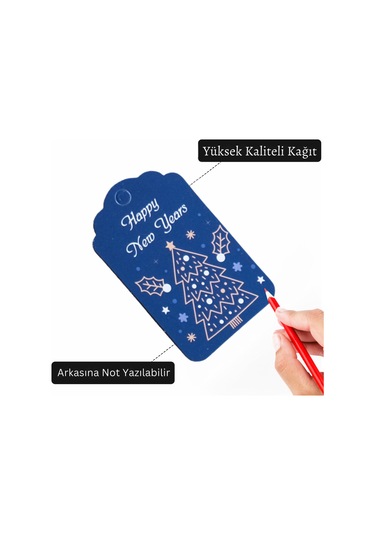 Yılbaşı Happy New Years Yazılı Hediye Etiketi, Çam Desenli Paketl
