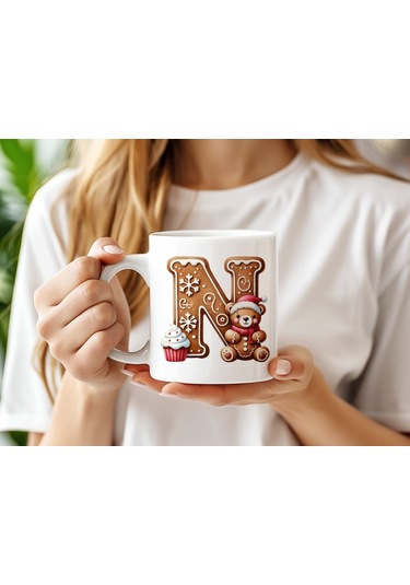 N Kurabiye Harf Ve Ayıcık Detaylı Kupa Bardak - Yeni Yıl / Yılbaşı Temalı Tasarım - Noel Hediye Beyaz