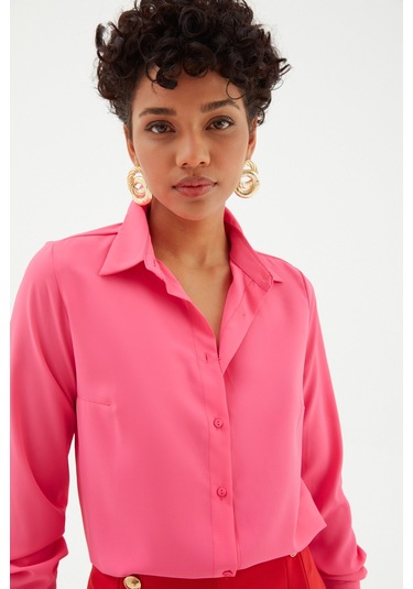 Sateen Düz Klasik Gömlek - Fuşya