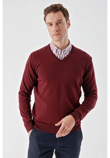 Morven Erkek Koyu Bordo Basic V Yaka Dynamic Fit Rahat Kesim Triko Koyu Bordo