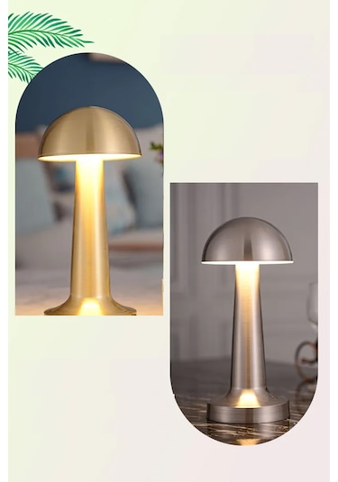 Mantar Model Retro Masa Lambası Mat Gümüş Dimmerli Şarjlı