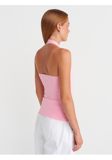 Dilvin 10794 Halter V Yaka Basıc Bluz-pembe Pembe