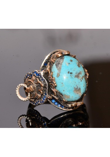 Gerçek Doğal Arizona Turkuaz Taşlı Aslan Yüzüğü - Gümüş Erkek Yüzüğü Gümüş