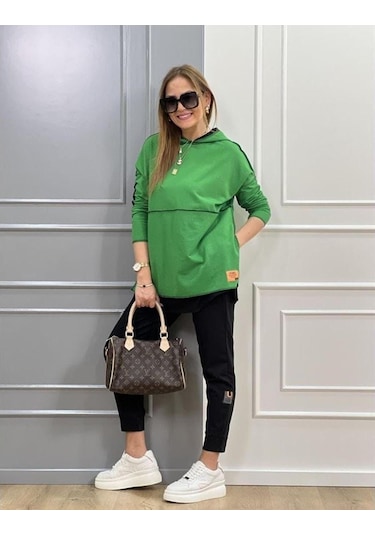 Kadın Yeşil Kapşonlu Etek Ucu Detay Arma Ters Dikiş Gorunumlu Ikili Takım Yeşil
