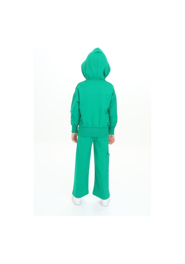 Toontoy Kız Çocuk Kapüşonlu Fermuarlı Fırfır Detaylı Eşofman Takım Çimen Yeşili