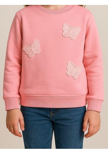 Kız Çocuk Kelebek Desenli Sweatshirt-16229 Pembe