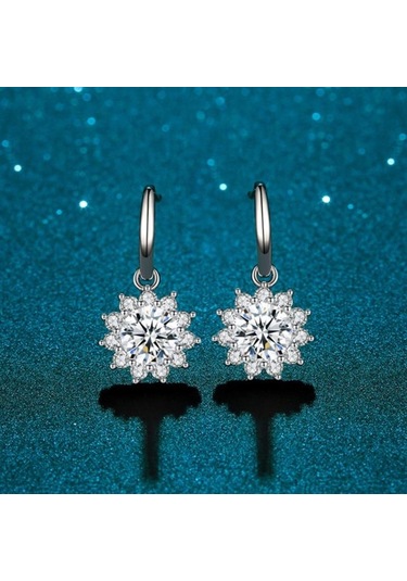 Beyaz Bagueringen Kadın Ayar Gümüş 925 Takı 1 Karat Mozanit Pırlanta Damla Küpe Ayçiçeği Şekilli Kulak Damlası Hediye