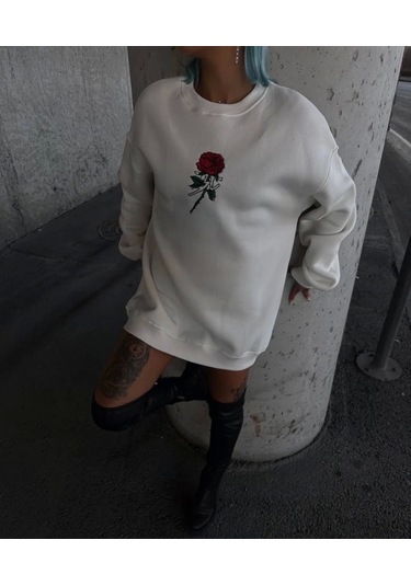 Oversize Üç İplik Bisiklet Yaka Baskılı Sweatshirt - Beyaz Beyaz