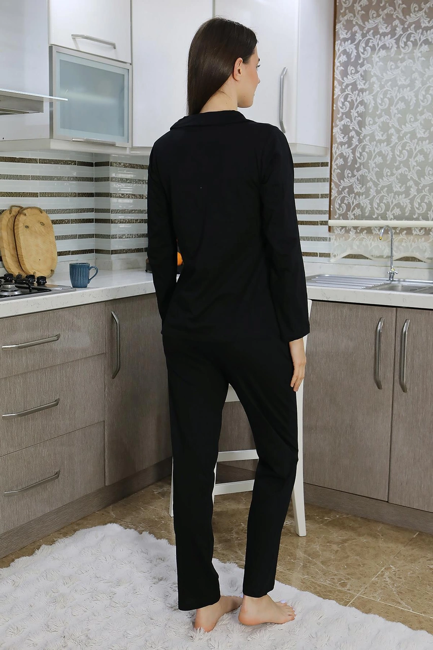 Akbeniz Kadın Pamuk Penye Önden Düğmeli Uzun Kol Pijama Takım Siyah 2783 Siyah