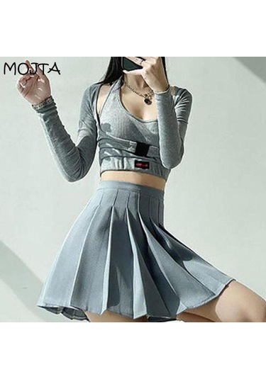 Siyah Yaz Kadın Etek Tarzı Pileli Etek Şık Öğrenci Yüksek Bel A-line Etek Kadın Siyah