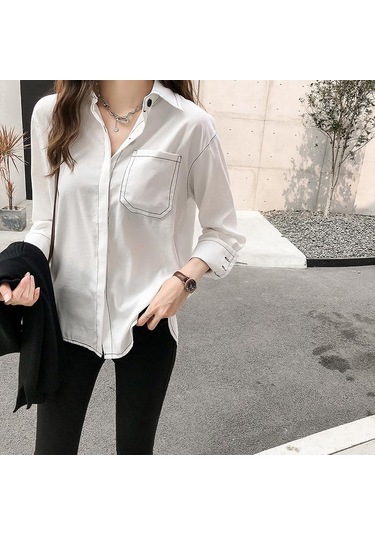 Beyaz 2023 Moda Gevşek Tembel Gömlek Kadın Uzun Kollu Vintage Katı Altlık Trendi Beyaz