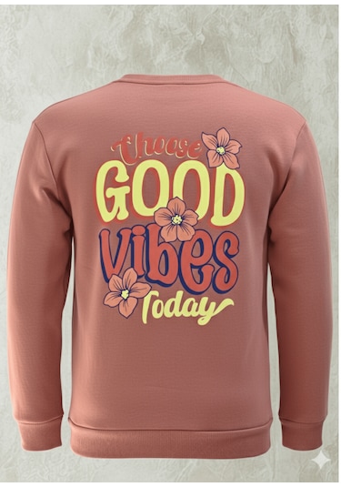 Feydi Unisex İçi Polarlı Kapüşonlu Sweatshirt Good Vibes Baskılı Gülkurusu