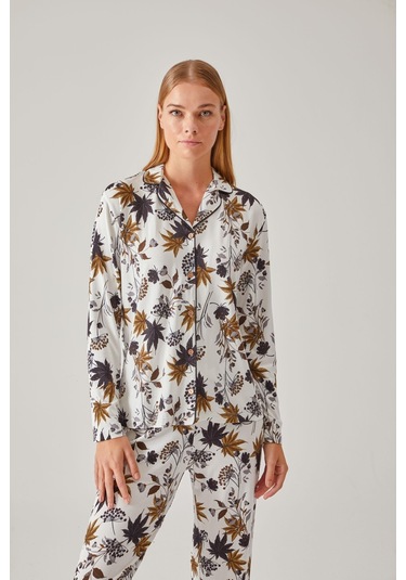 Pamuk Pamuk 24032 Kadın Ceviz Yeşil Çiçek Desen Önden Düğmeli Pijama Takımı 001