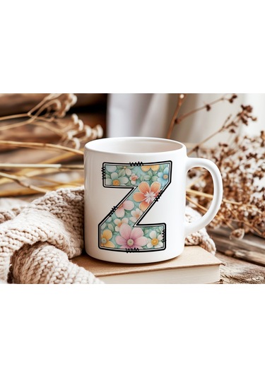 Z Harfli Pastel Çiçek Desenli Kahve Kupası - Kişiye Özel Çiçekler Koleksiyonu Bardak - Hediye Beyaz
