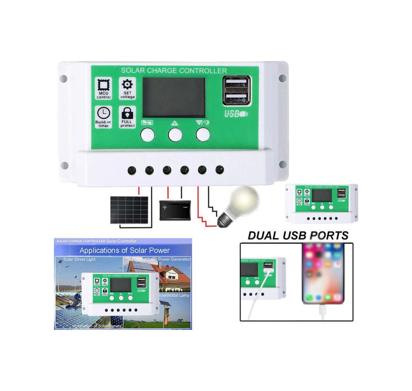 Xindoker Güneş Paneli Yöneticisi 100a - Pwm Şarj Yönetimi, Çift Usb Çıkışı, Akıllı Stabilizasyon, Beyaz