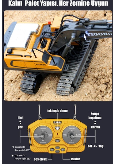 Işıklı Sesli Full Fonksiyon Metal Hareketli Kepçe 2.4ghz Uzaktan Kumandalı 680 Rotasyon Excavator