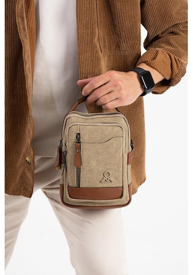 Kanvas Kumaş Erkek Postacı Çanta Omuz Çantası 20 12 Cm Çapraz Askılı Omuz Çantası Mega Çanta Bej