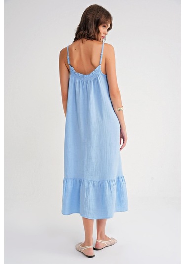 4740 Kadın Askılı Müslin Midi Elbise Bebe Mavi Bebe Mavi