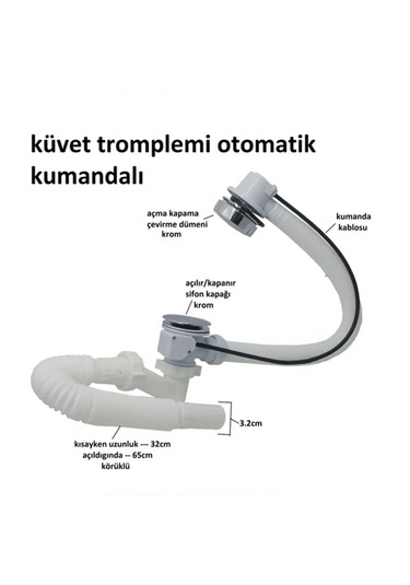 Küvet Tromplemi Kumandalı Otomatik Küvet Jakuzi Sifonu Stoplu Beyaz