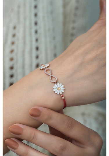 925 Ayar Zirkon Taşlı Papatyalı Gümüş Sonsuzluk Bileklik Rose