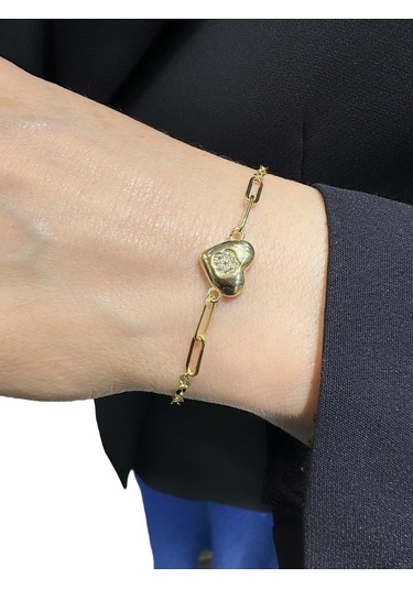 İtalyan Işıltı Zincir Taşlı Kalp Ataç Çok Şık Altın Bileklik Altın