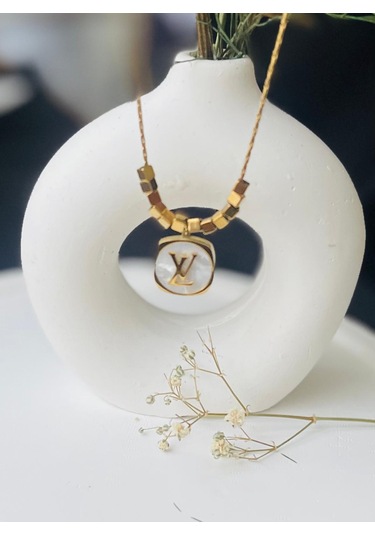 Küp Detay Marka Louisvuitton Çelik Kolye Altın