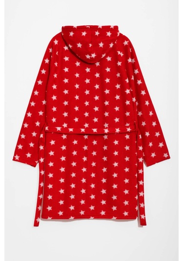 Kadın Kapüşonlu Yıldız Desenli Polar Sabahlık Kırmızı