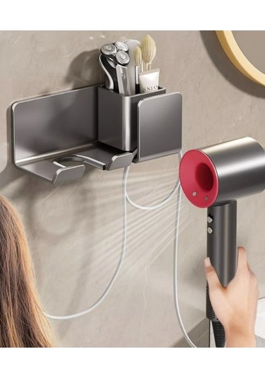 Wondernest Tutucu, Saç Rafı, Lichen Kurutma Makinesi - Delmeden Banyo Aksesuarı Siyah