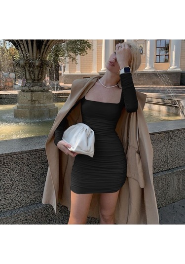 Sones Saf Renk İnce Zayıflatıcı Pileli Kalça Elbise Siyah