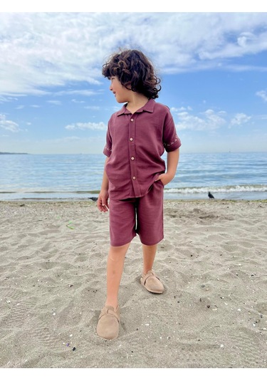 Cigit Kolları Nakışlı Gömlek Şort Keten Takım 2-7 Yaş Mürdüm Mürdüm