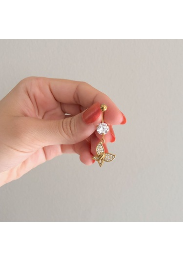 Ferizz Altın Kaplama Zirkon Taşlı Kelebekli Piercing Prc-109 Altın