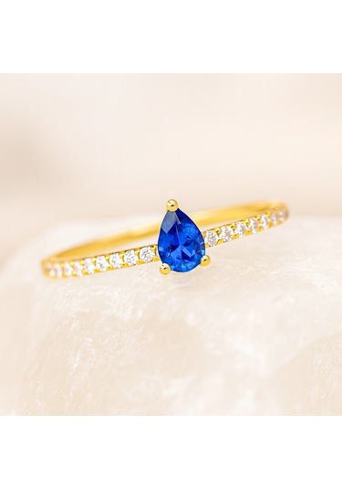 14 Ayar Altın Damla Kesim Safir Yüzük 14 Ayar Altın