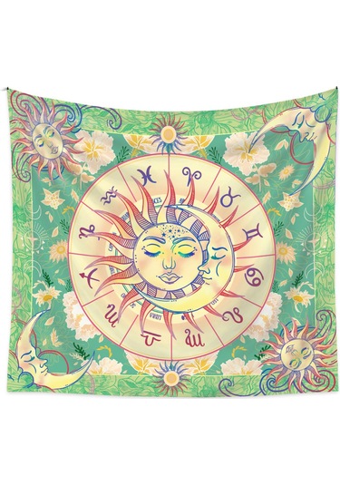 Singree Yeşil Güneş Ve Ay Desenli Poliester Dekoratif Duvar Örtüsü - 73x95 Cm Ev Dekorasyonu Tapestri