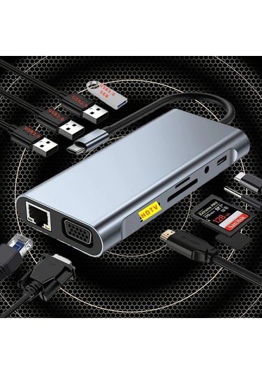Honeybeeshop H90 Usb C Hub 11li Adaptör 4k Hdtv Vga Type C Pd Rj45 Ethernet Sd Tf Kart Okuyucu 35mm Aux Macbook Pro Air Ve Type C Dizüstü Uyumlu