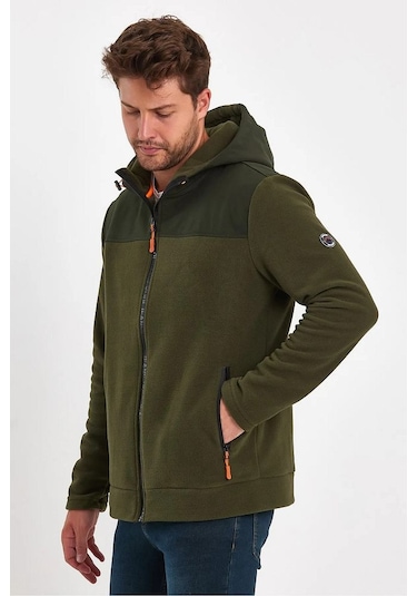 Rodi Jeans Erkek Ön Arka Garnili Fermuarlı Kapüşonlu Polar Haki