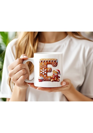 E Kurabiye Harf Ve Ayıcık Detaylı Kupa Bardak - Yeni Yıl / Yılbaşı Temalı Tasarım - Noel Hediye Beyaz