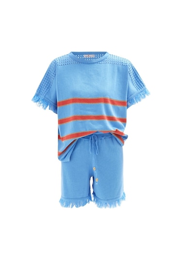 Peraluna Hannah Blouse & Shorts Pamuklu Yazlık Kadın Triko Şort T Mavi