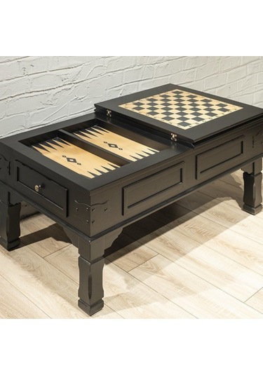 Roys Ahşap Çekmeceli Siyah Satrançlı Damalı Tavlalı Orta Sehpa