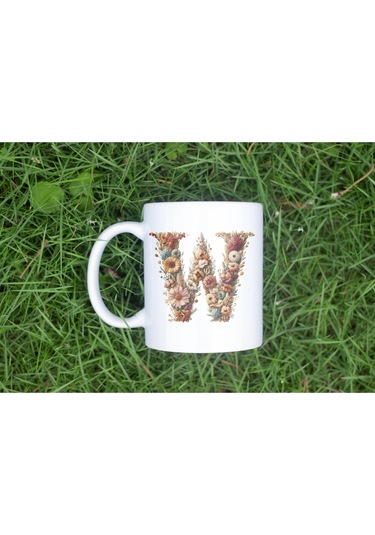 W Harfi Çiçek Desenli Kupa Bardak - Alfabe Harfleri İle Doğal Çiçekli Kupa - Hediye Fikir Beyaz