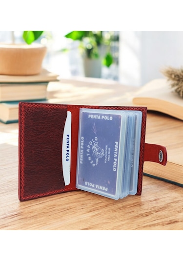 Cronder Hakiki Deri Şeffaf Bölmeli Kartlık Cüzdan Kırmızı