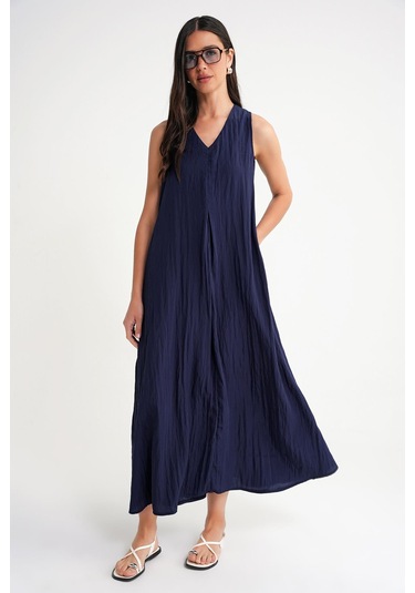 4700 Kadın V Yaka Önü Pileli Elbise Lacivert Lacivert