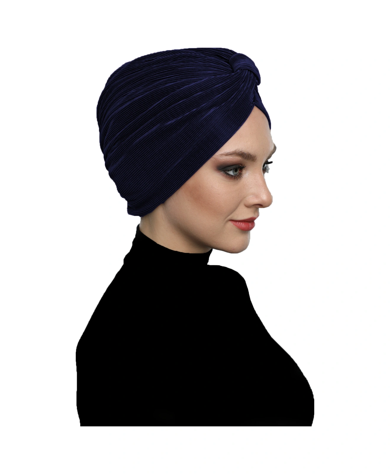 Çapraz Plise Bantlı Astarlı Lacivert Hazır Türban Tesettür Havuz Bonesi Lacivert