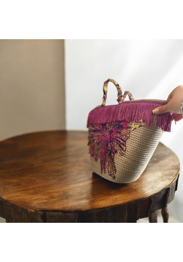 Hasır Çanta, Plaj Çantası, Tasarım Çanta, Püsküllü,desenli El Çantası Mürdüm