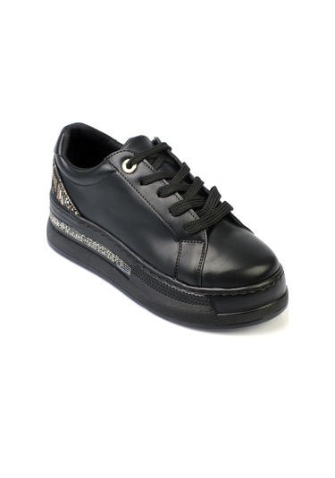 Shoetek Olala Kadın Sneakers Bağcıklı Arka Desenli Spor Ayakkabı Siyah Deri Siyah