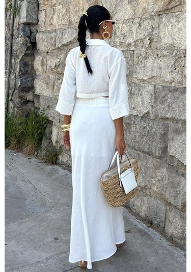 Crop Gömlekli Ve Eteği Büzgülü Tasarım Takım 10201 Beyaz