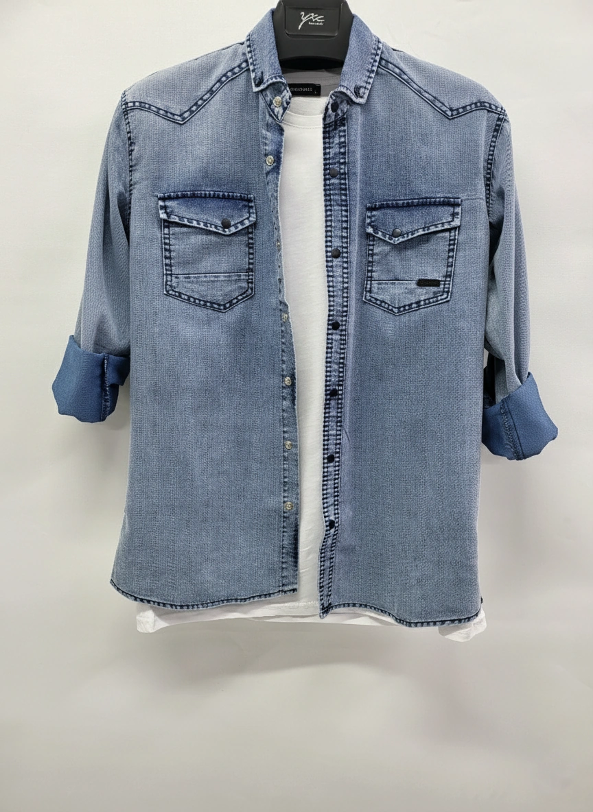 Erkek Gömlek Slim Fit Yıklamalı Kot Gömlek Mavi