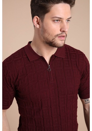 Ferraro Bordo Polo Yaka Fermuarlı Erkek Pamuk Triko T-Shirt-Bordo (417942267) Bordo