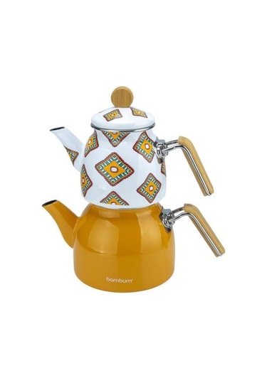 Bambum Unique - Bambu Kulplu Emaye Çaydanlık Takımı Hardal