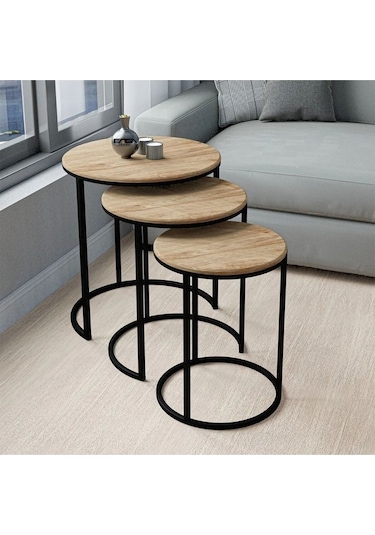 Alya Yuvarlak Ahşap Üçlü Zigon Sehpa Siyah